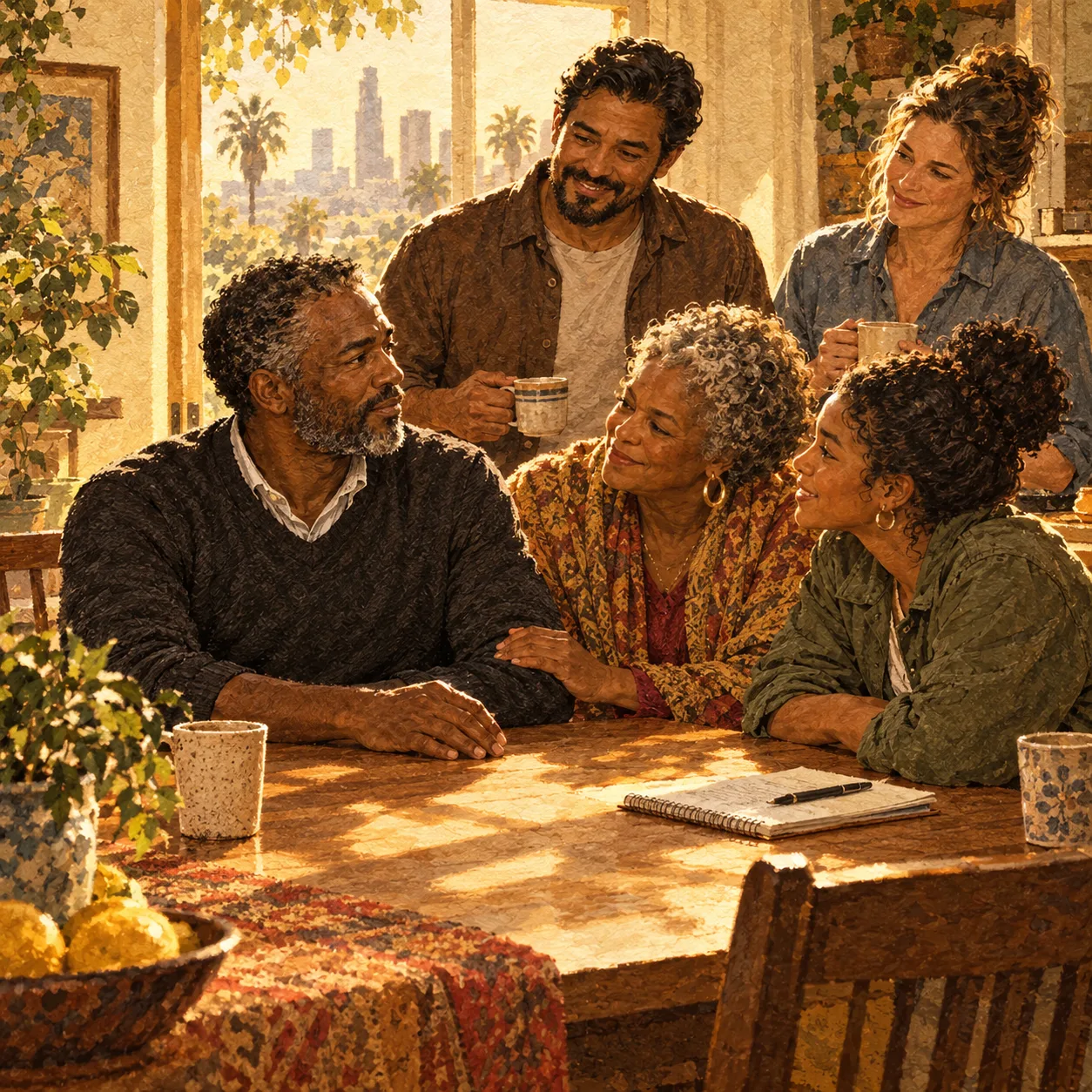 Illustration of a Black man recently home from prison sitting at a sunlit Los Angeles kitchen table, guarded but softening, as his grown daughter and mother lean in warmly and friends of different races look on.