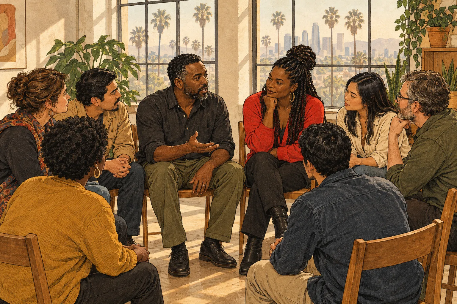 Illustration of a community circle in a sunlit Los Angeles room; a Black man speaks while a multiracial group listens closely.